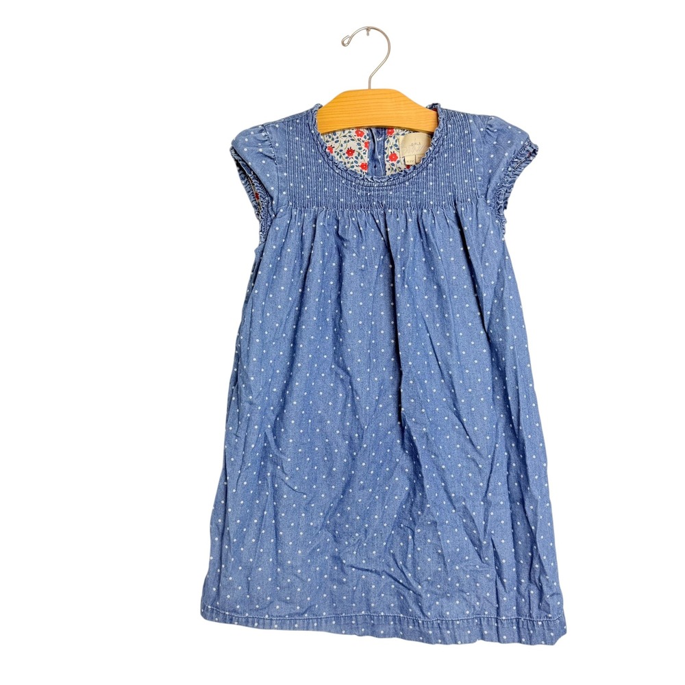 Boden Girls Blue Polka Dot Chambray Smocked Dress Size 6-7Y Floral Lining